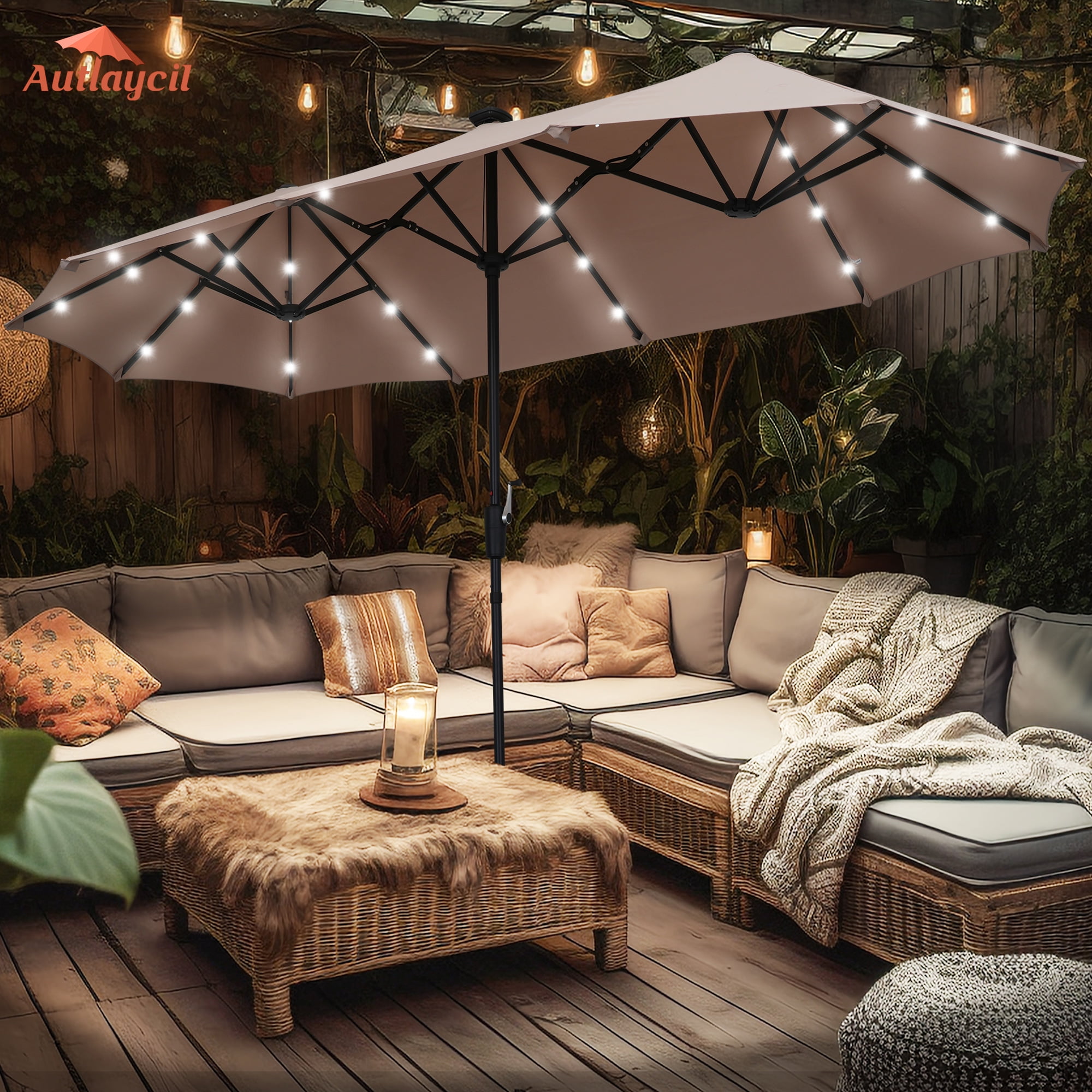 Autlaycil 13 ft Rectangle Patio Umbrella, 36 Solar LED Lights, Khaki, UV  Protection, Crank Lift - Walmart.com