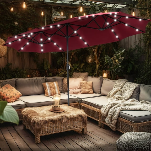 Autlaycil 13 ft Rectangle Patio Umbrella 36 LED lights for Market Patio Solar Umbrella (Red)