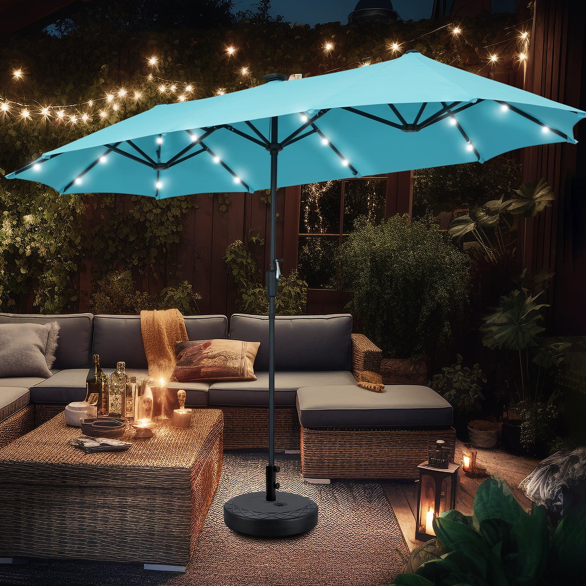 Autlaycil 13ft Rectangle Patio Umbrella with Base and 36 Solar Lights for Pool, Yard, Market - Blue