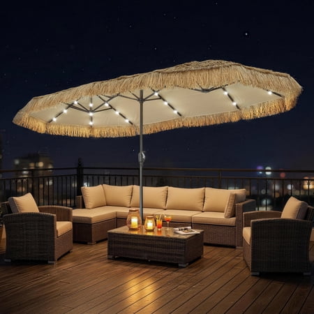 Autlaycil 13 ft Patio Umbrella with 36 Lights, Plastic Thatch Canopy, Outdoor Tiki Umbrella, Hawaiian Backyard, Pool, Beach