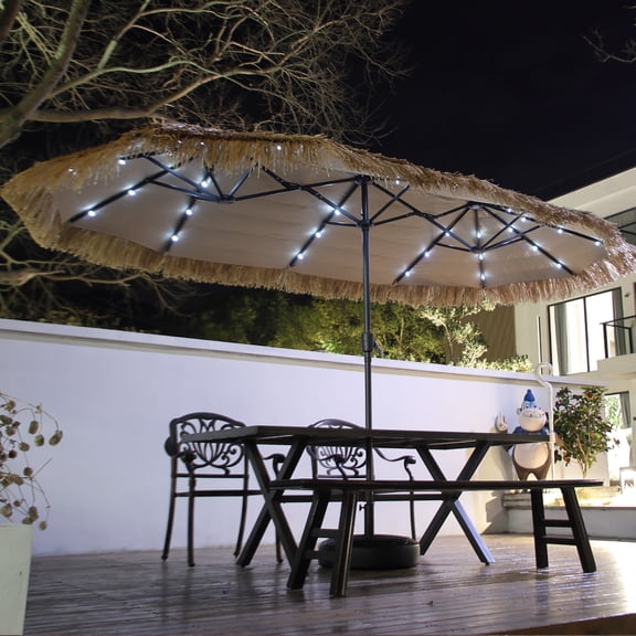 Autlaycil 13 ft Tiki Patio Umbrellas with Base and 36 Lights, Solar Patio Umbrella,Thatched, Grass, Pool, Outdooor, Beach
