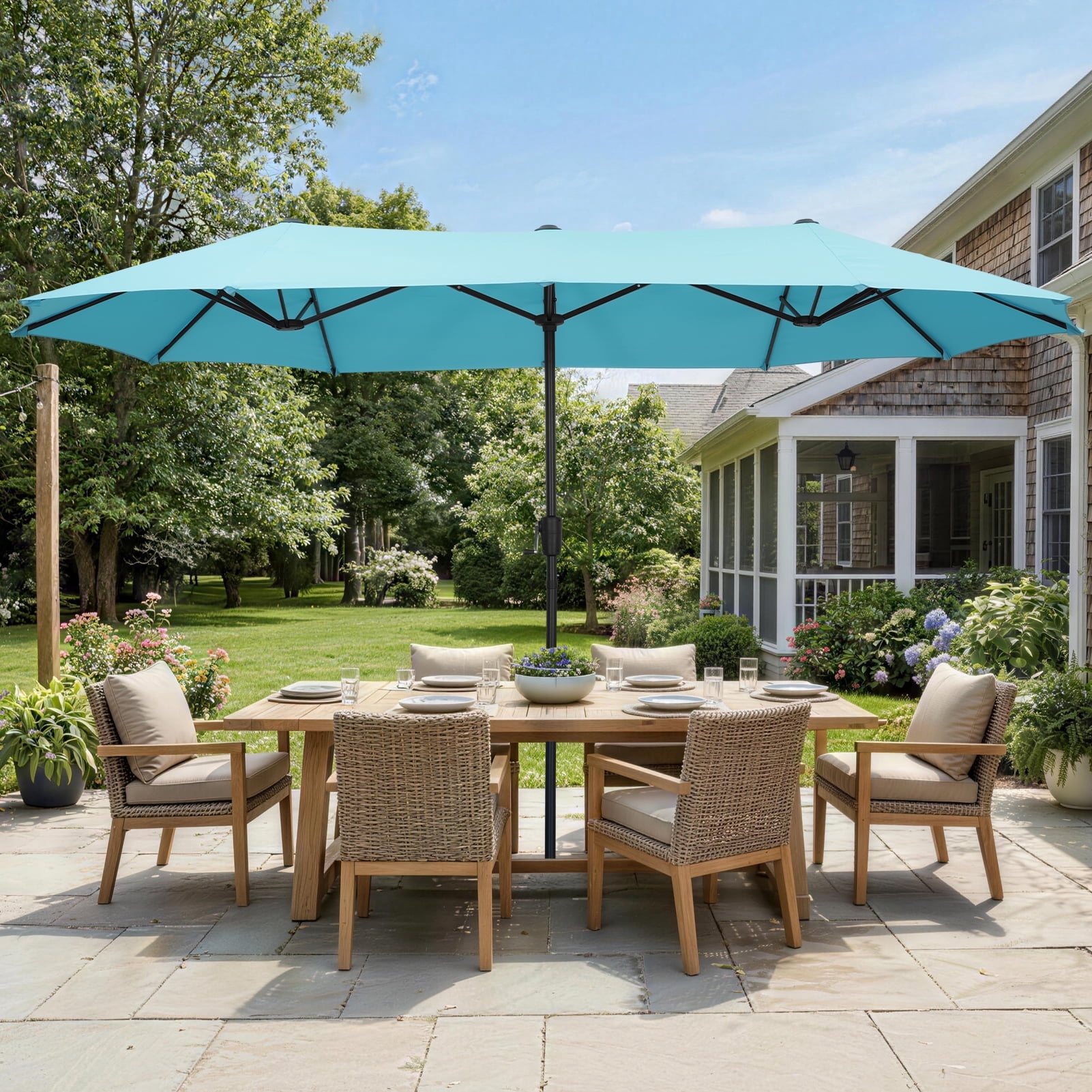 Autlaycil 13ft Sky Blue Large Patio Umbrellas, Double-Sided Outdoor Market Rectangle Umbrella for Outside