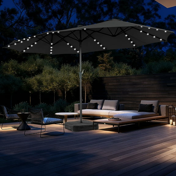 Autlaycil 15' Market Patio Umbrella and Matching Base with Crank System and 48 Solar Powered LED Lights for Outdoor, Market, Beach, Garden, Yard, Party, Black