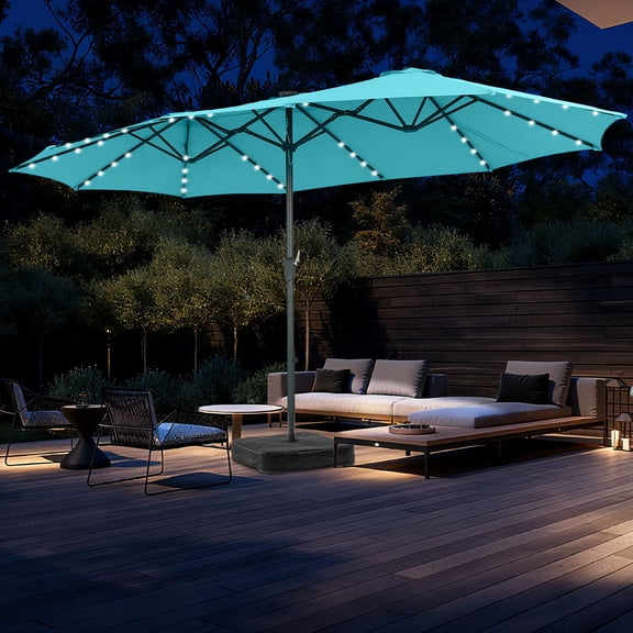 Autlaycil 15' Market Patio Umbrella and Matching Base with Crank System and 48 Solar Powered LED Lights for Outdoor, Market, Beach, Garden, Yard, Party, Blue