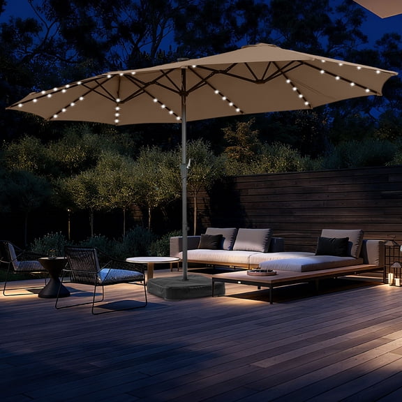 Autlaycil 15' Market Patio Umbrella and Matching Base with Crank System and 48 Solar Powered LED Lights for Outdoor, Market, Beach, Garden, Yard, Party, Coffee