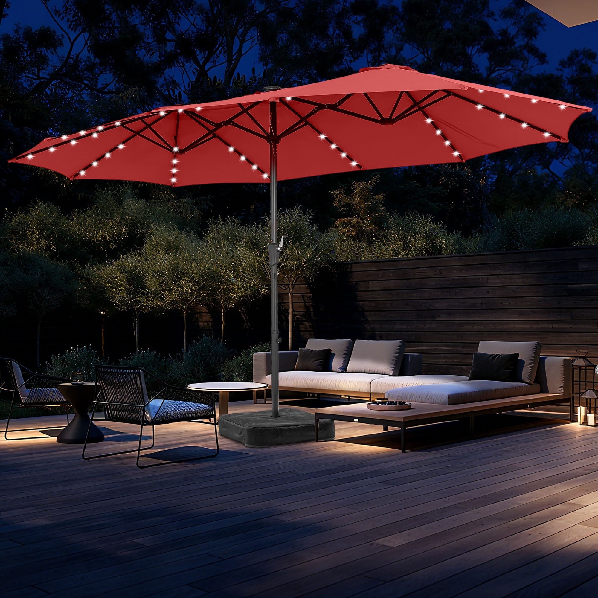 Autlaycil 15' Market Patio Umbrella and Matching Base with Crank System and 48 Solar Powered LED Lights for Outdoor, Market, Beach, Garden, Yard, Party, Red