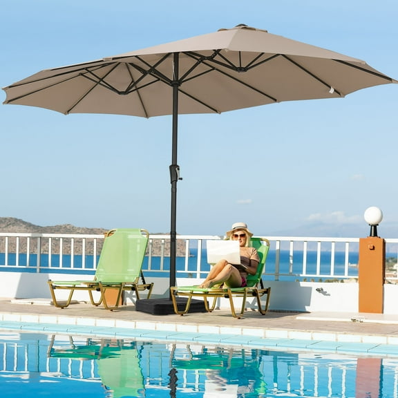 Autlaycil 15' Pool Patio Umbrella and Umbrella Base,Extra Large Umbrella with Crank, for Outdoor, Market, Beach, Garden, Yard, Party, Khaki
