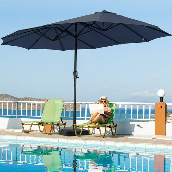 Autlaycil 15' Pool Patio Umbrella and Umbrella Base,Extra Large Umbrella with Crank, for Outdoor, Market, Beach, Garden, Yard, Party, Navy Blue