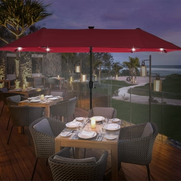 Autlaycil 13 ft Large Rectangle Umbrella with 36 Solar Lights & Crank System for Garden, Deck, Poolside, Patio, Red