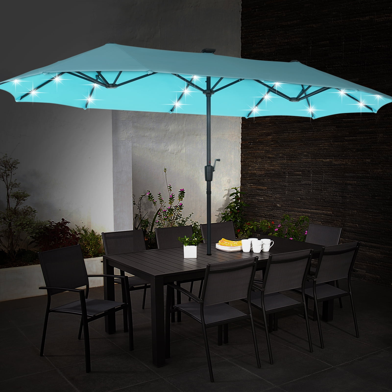 Autlaycil 13' Blue Patio Umbrella with Crank System and 36 Solar Powered LED Lights for Outdoor, Market, Beach, Garden, Yard, Party