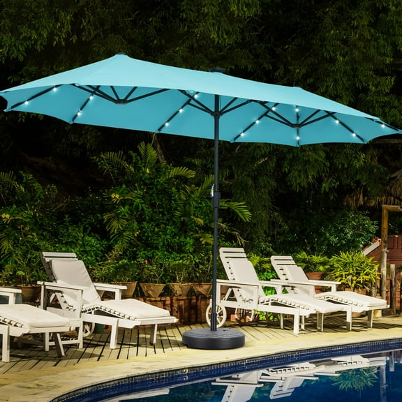 Autlaycil 13' Market Patio Umbrella and Matching Base with Crank System and 36 Solar Powered LED Lights for Outdoor, Market, Beach, Garden, Yard, Party, Blue