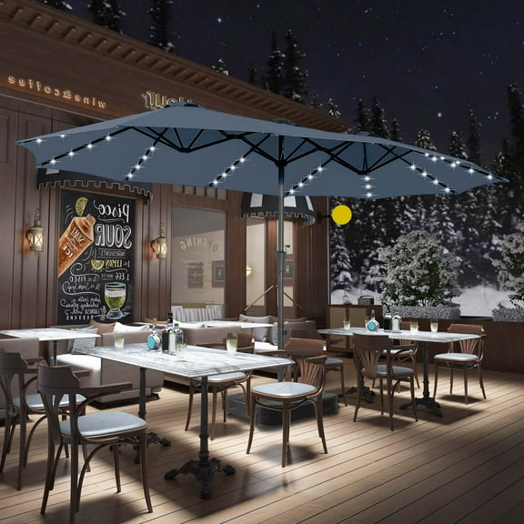 Autlaycil 15' Large Rectangle Outdoor Patio Umbrella and 48 Solar Lights with Matching Base, Market, Beach, Garden, Yard, Party, Navy Blue