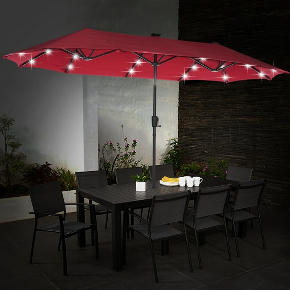 Autlaycil 13' Market Patio Umbrella with Crank System and 36 Solar Powered LED Lights for Outdoor, Market, Beach, Garden, Yard, Party, Red