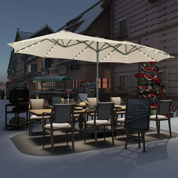 Autlaycil 15 ft Rectangle Patio Umbrella with Umbrella Base 48 LED lights for Market Patio Solar Umbrella (Khaki)
