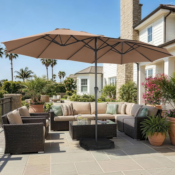 Autlaycil 15 ft Rectangle Patio Umbrella with Umbrella Base, Crank, Outdoor Market Umbrella (Coffee)