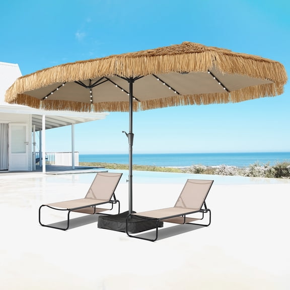 Autlaycil 15 ft Solar Tiki Patio Umbrella with Sandbags Base, 48 LED Lights, and 2 pcs Patio Lounge Chairs with Storage, Pool Lounge Chairs with Adjustable 5-Position Recliner