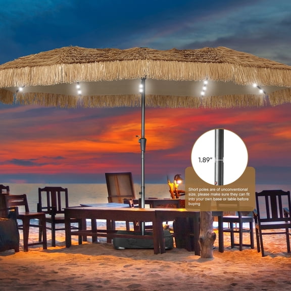 Autlaycil 15 ft Tiki Patio Umbrella with Base, 48 LED Lights, Thatched, Hawaiian, Pool, Backyard, Beach