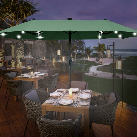 Autlaycil 13 ft Large Rectangle Umbrella with 36 Solar Lights and Crank System for Garden, Deck, Poolside, Patio, Green