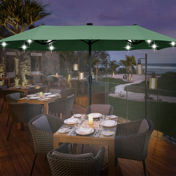 Autlaycil 13 ft Large Rectangle Umbrella with 36 Solar Lights and Crank System for Garden, Deck, Poolside, Patio, Green