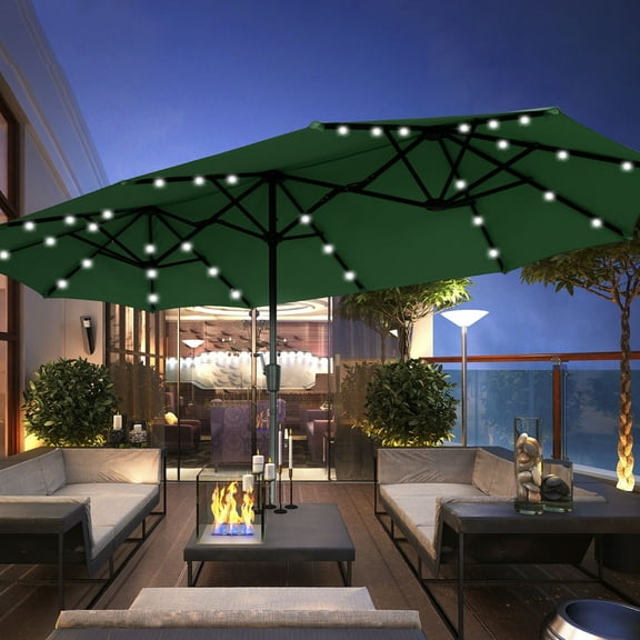 Autlaycil 13 ft Large Rectangle Umbrella with 36 Solar Lights and Crank System for Garden, Deck, Poolside, Patio, Green