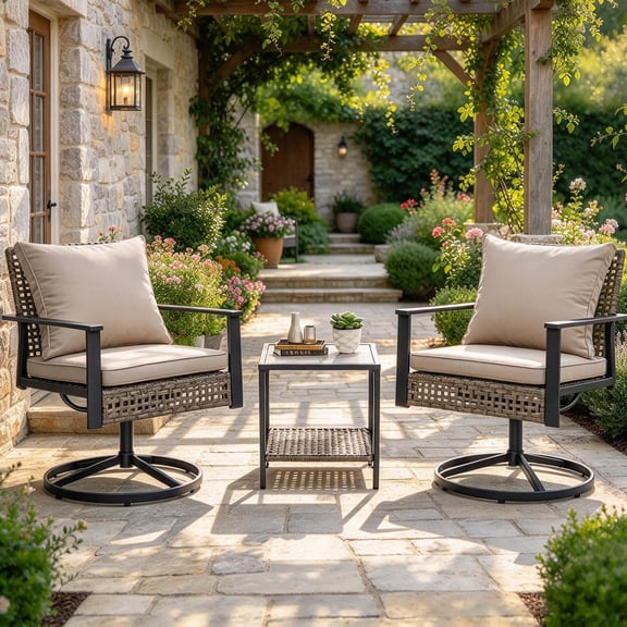 Autlaycil 3 Piece Patio Furniture Sets, Wicker Rattan Conversation Sets, Two Outdoor swivel Chairs with Coffee Table, Beige