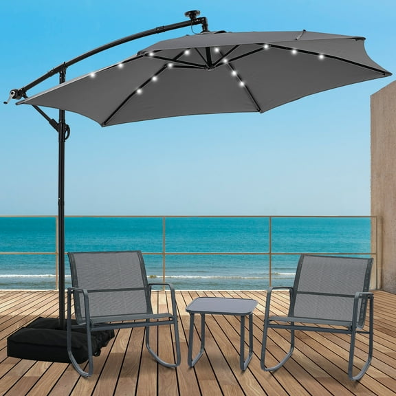 Autlaycil 5 Pcs Patio Outdoor Furniture Sets Contains 2 Textilene Fabric Rocking Bistro Chairs, Table, 10' Solar Cantilever Umbrella and Cross Base with Sandbag, Grey