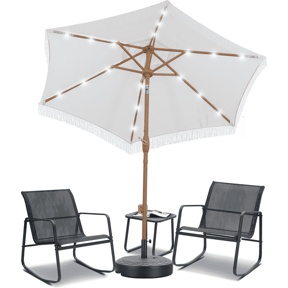 Autlaycil 5 Pcs Patio Outdoor Furniture Sets Contains 2 Textilene Fabric Rocking Bistro Chairs, a Table, a 7.5 ft Fringe Solar Umbrella with Button Tilt and a Umbrella Base, Whitw