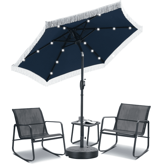 Autlaycil 5 Pcs Patio Outdoor Furniture Sets Contains 2 Textilene Fabric Rocking Bistro Chairs, a Table, a 7.5 ft Fringe Solar Umbrella with Button Tilt and a Umbrella Base, Navy Blue