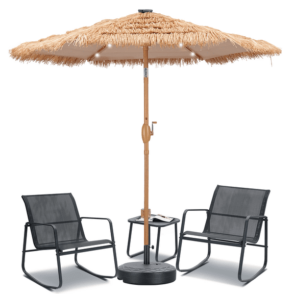 Autlaycil 5 Pcs Patio Outdoor Furniture Sets Contains 2 Textilene Fabric Rocking Bistro Chairs, a Table, a 7.5ft Tiki Thatched Solar Umbrella with Button Tilt and a Umbrella Base