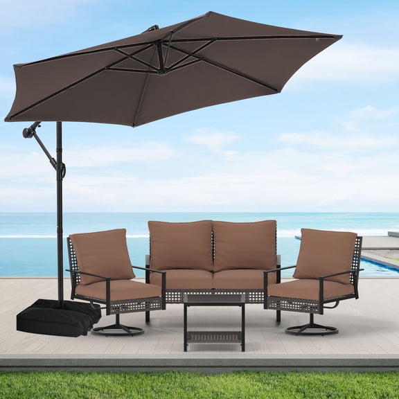 Autlaycil 6 pcs Patio Furniture Set, 10ft Cantilever Offset Patio Umbrella and Base, Wicker Rattan Rocker Loveseat, Swivel Rocking Chairs, Coffee Table - Brown