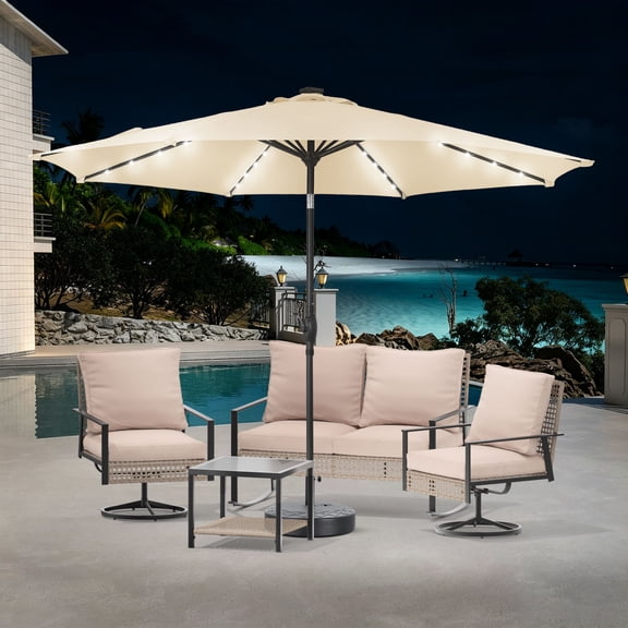 Autlaycil 6 pcs Patio Furniture Set, 10ft Solar Patio Umbrella and Base, Wicker Rattan Rocker Loveseat, Swivel Rocking Chairs, Coffee Table - Beige