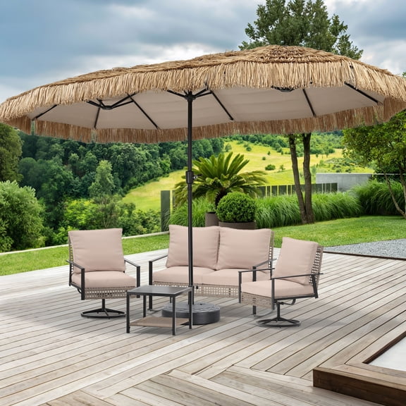 Autlaycil 6 pcs Patio Furniture Set, 13ft Tiki Patio Umbrella and Base, Beige Wicker Rattan Rocker Loveseat, Swivel Rocking Chairs, Coffee Table