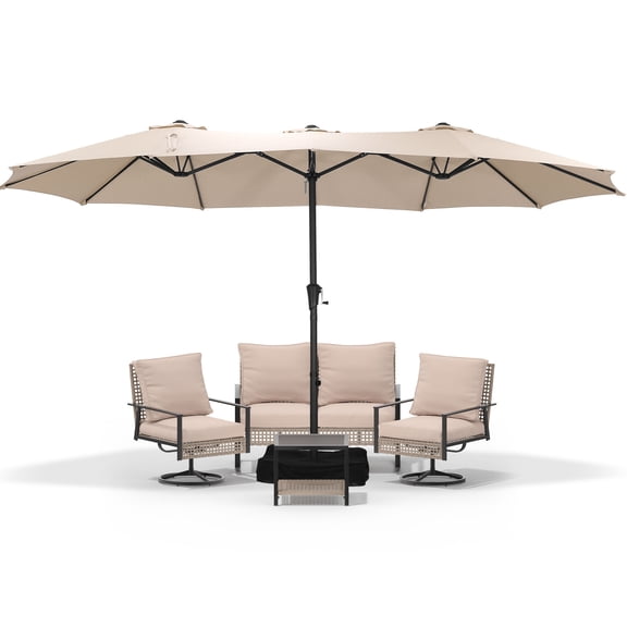 Autlaycil 6 pcs Patio Furniture Set, 15ft Patio Umbrella and Base, Wicker Rattan Rocker Loveseat, Swivel Rocking Chairs, Coffee Table - Beige