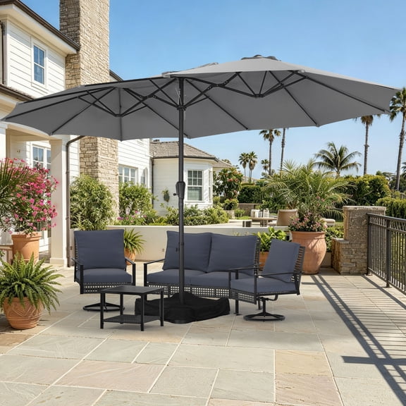 Autlaycil 6 pcs Patio Furniture Set, 15ft Patio Umbrella and Base, Wicker Rattan Rocker Loveseat, Swivel Rocking Chairs, Coffee Table - Gray