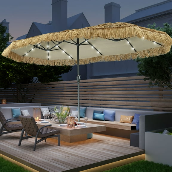 Autlaycil 13 ft Solar Tiki Umbrella, 36 Solar LED Lights, Thatched, Grass, Pool, Patio, Beach