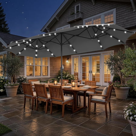 Autlaycil 13' Gray Patio Umbrella with Crank System and 36 Solar Powered LED Lights for Outdoor, Market, Beach, Garden, Yard, Party