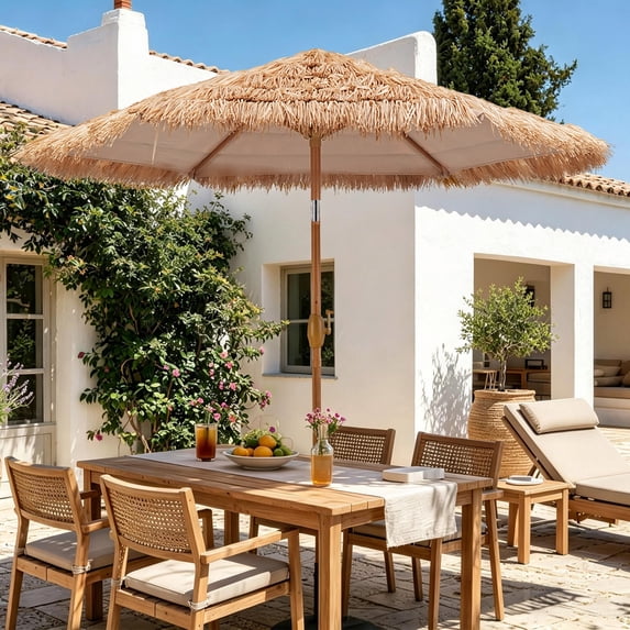 Autlaycil 7.5 FT Tiki Patio Umbrellas with Tilt and Crank, Thatched Patio Umbrellas for Beach Pool and Yard