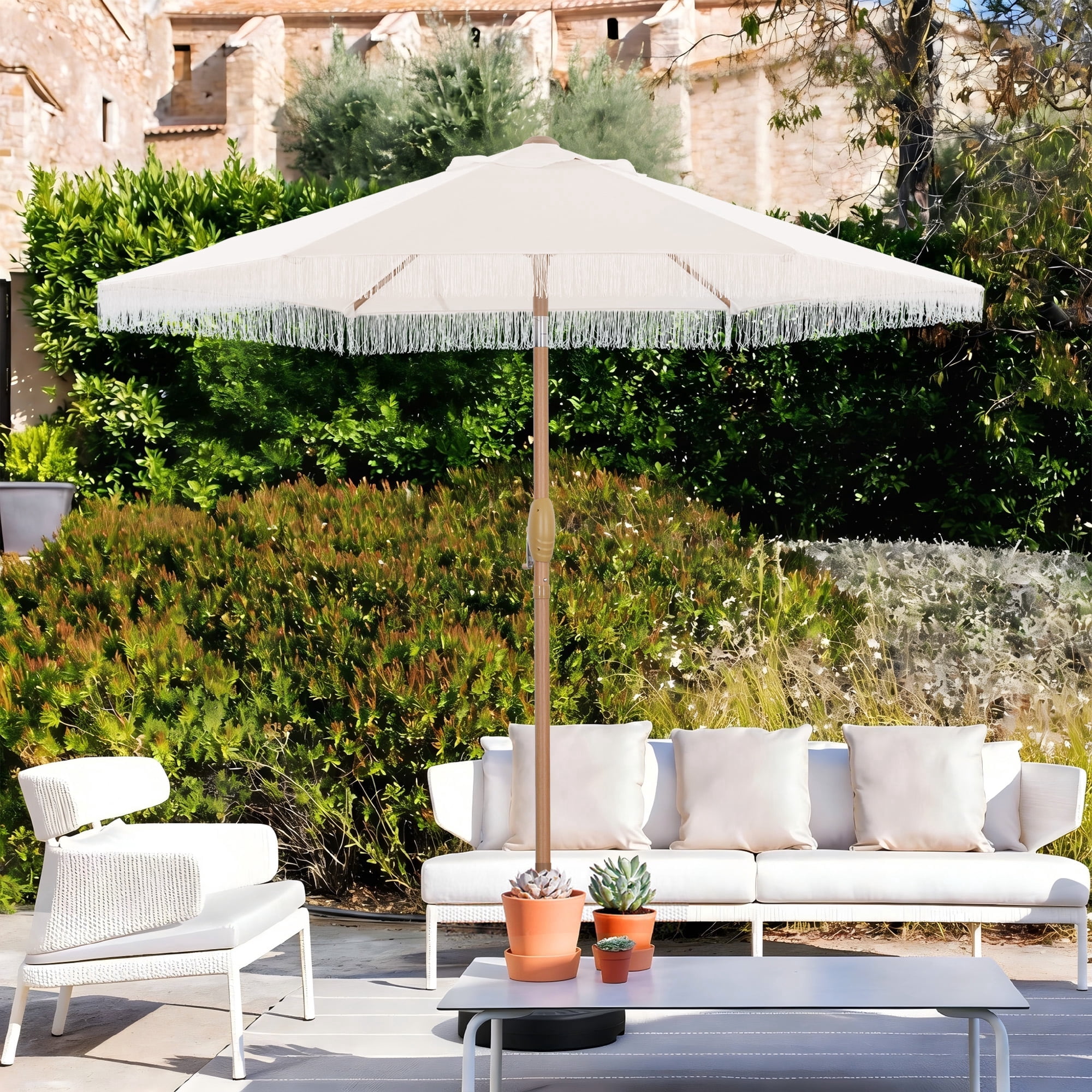 7.5 foot patio umbrellas Autlaycil 7.5 ft Fringe Patio Umbrella with Push Button Tilt and Crank, Outdoor Table Tassels Umbrella, White