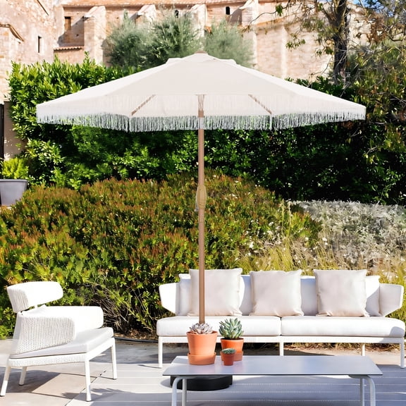Autlaycil 7.5 ft Fringe Patio Umbrella, Outdoor Table Tassels Umbrella with Push Button Tilt and Crank - Beige
