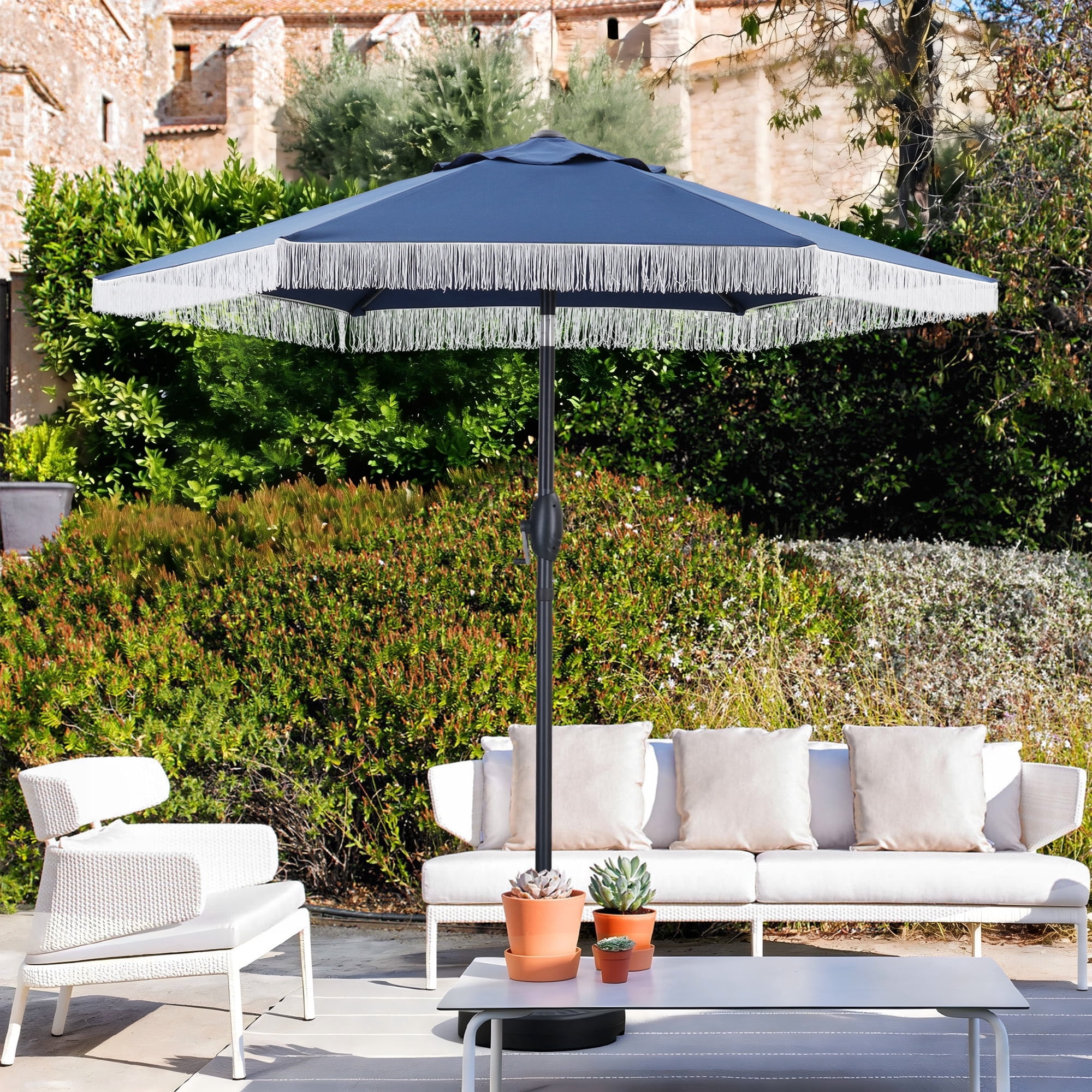 7 foot patio table umbrella Autlaycil 7.5 ft Fringe Patio Umbrella with Push Button Tilt and Crank, Outdoor Table Tassels Umbrella, White