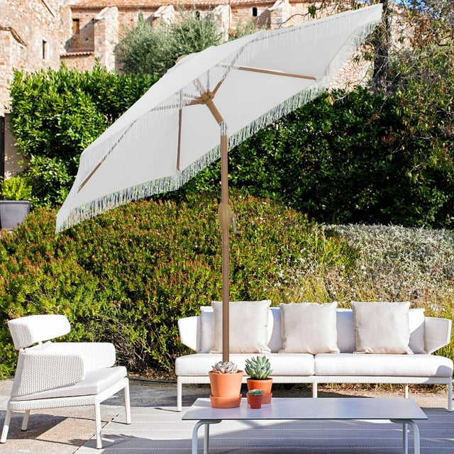 Autlaycil 7.5 ft Fringe Patio Umbrella, Outdoor Table Tassels Umbrella with Push Button Tilt and Crank (White)