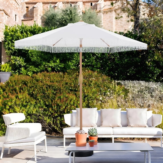 Autlaycil 7.5 ft Fringe Patio Umbrella, Outdoor Table Tassels Umbrella with Push Button Tilt and Crank - White