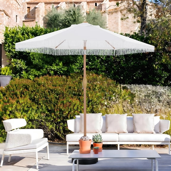 Autlaycil 7.5 ft Fringe Patio Umbrella, Outdoor Table Tassels Umbrella with Push Button Tilt and Crank - White