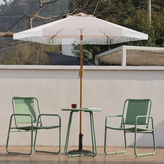 Autlaycil 7.5 ft Beige Fringe Patio Umbrella and Base, with Push Button Tilt and Crank for Beach, Pool, Outdoor