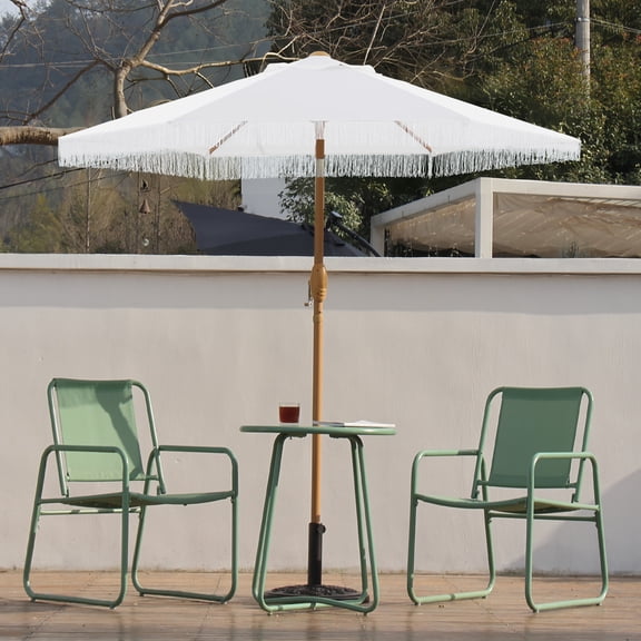 Autlaycil 7.5 ft White Fringe Patio Umbrella and Base, with Push Button Tilt and Crank for Beach, Pool, Outdoor