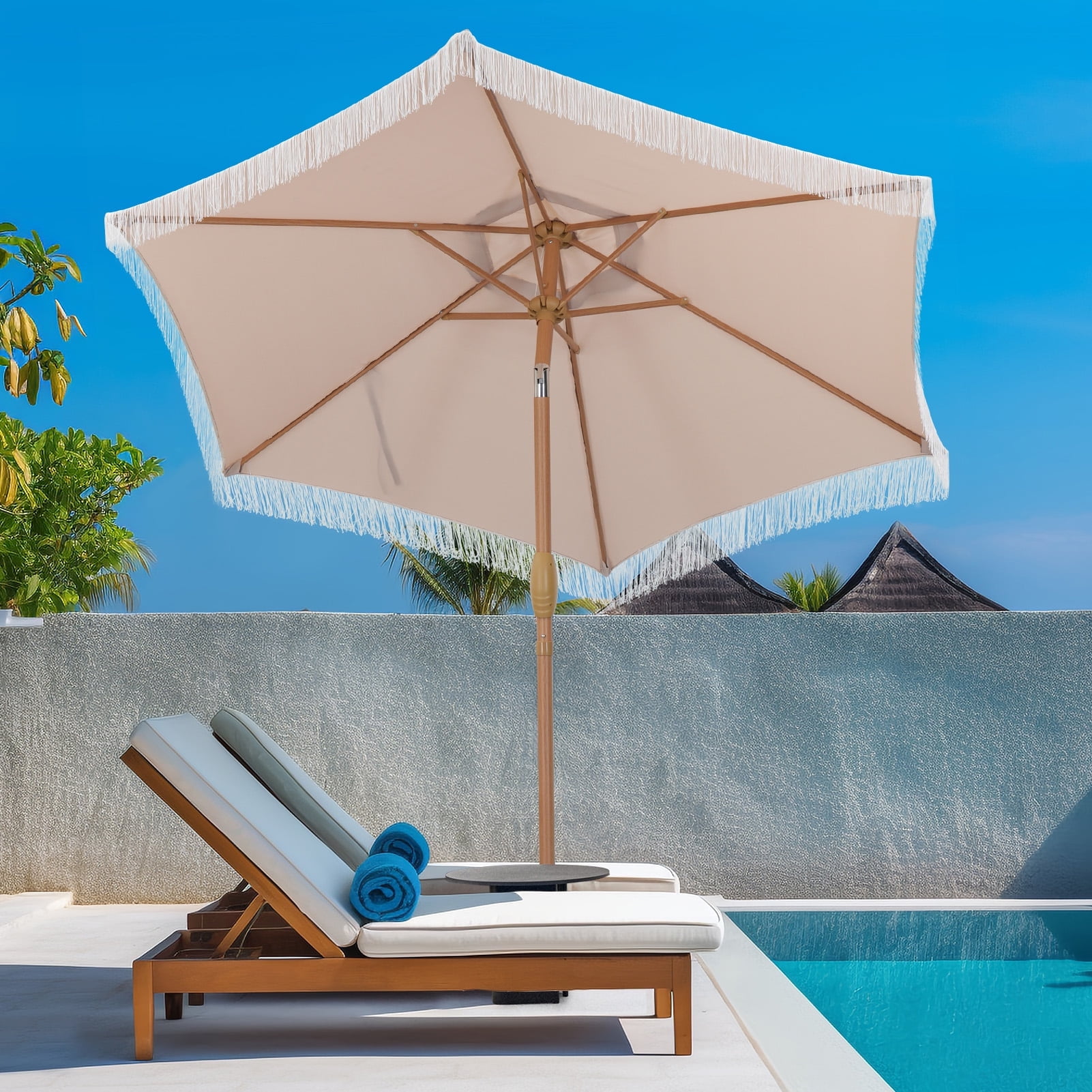 Autlaycil Solar Powered 10ft Patio Umbrella, LED Lighted, 3 Tiers, 8 Ribs, Khaki