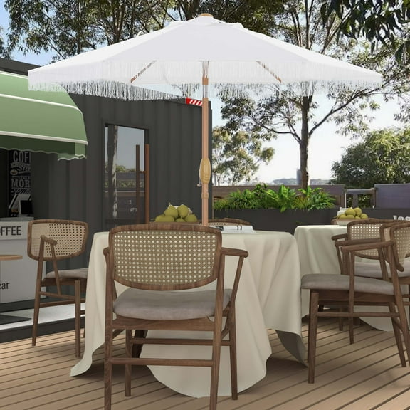 Autlaycil 7.5 ft Fringe Patio Umbrella for Beach, Pool, Adjustable Outdoor Market Umbrellas,Tassel Stylish (White)