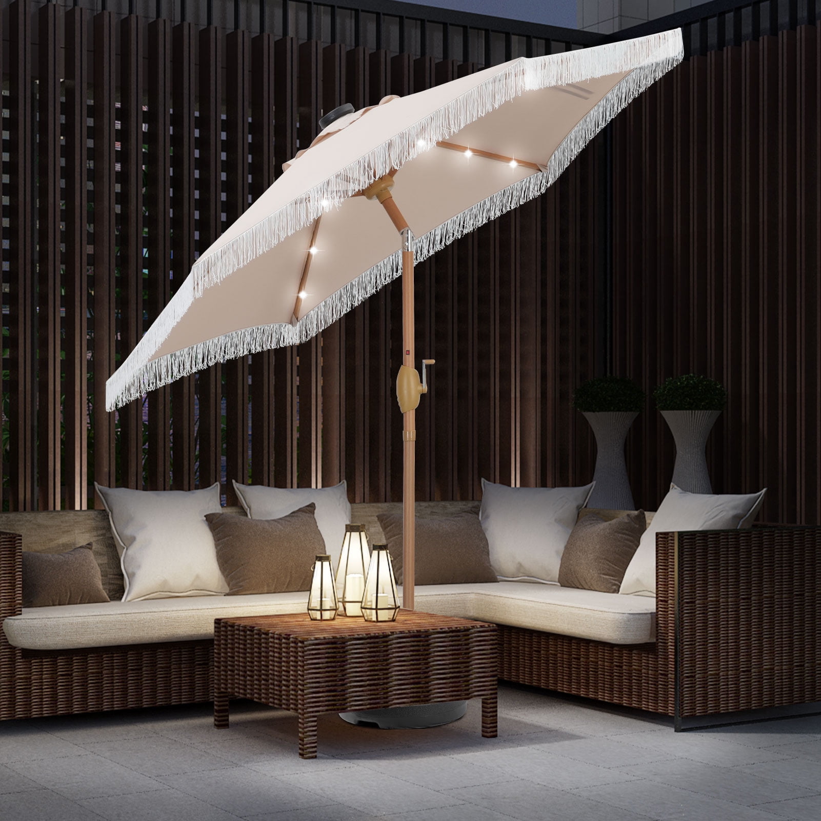 Autlaycil 7.5 ft Fringe Patio Umbrella with 18 LED Lights, Tassels Solar Umbrella, Khaki
