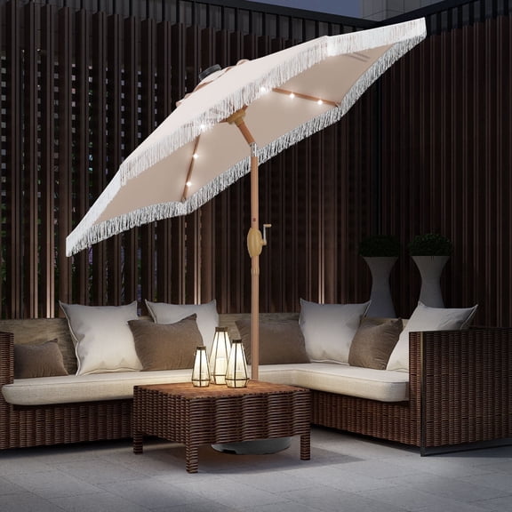 Autlaycil 7.5 ft Khaki Outdoor Solar LED Patio Umbrella with Tassels and Fringe