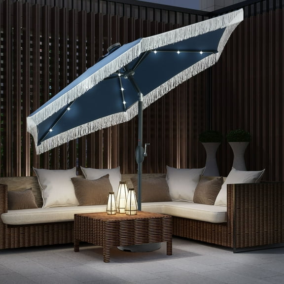Autlaycil 7.5 ft Fringe Patio Umbrella with 18 LED Lights, Tassels Solar Umbrella, Navy Blue
